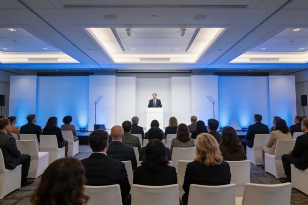 Conférence professionnelle dans une salle événementielle
