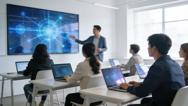 Étudiants travaillant sur des outils numériques en classe