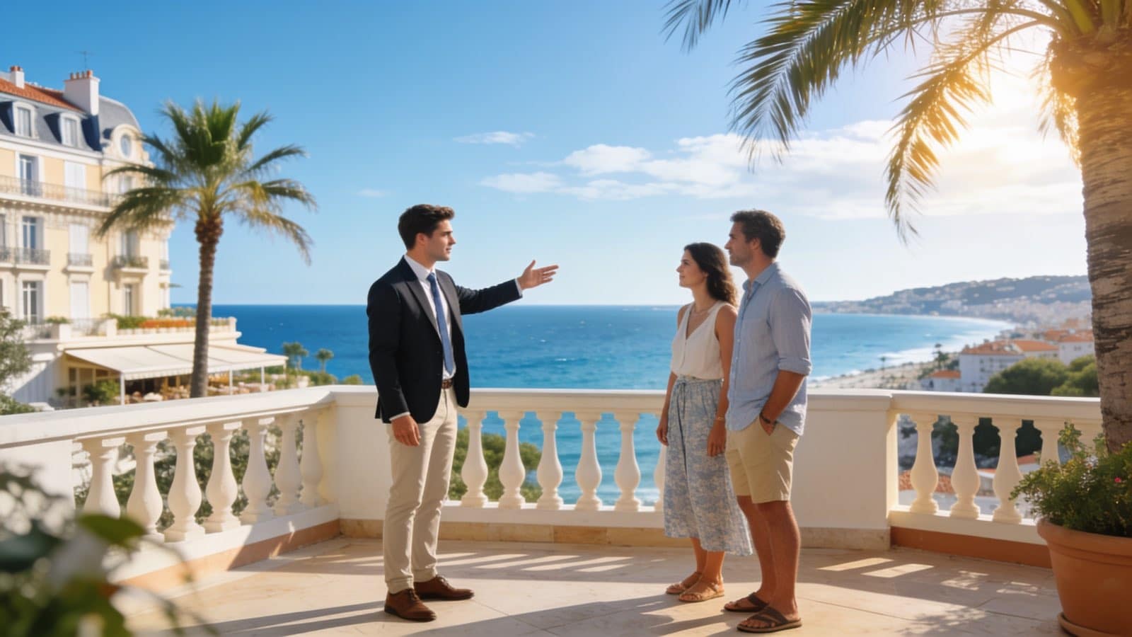 Agent immobilier présentant une terrasse avec vue mer sur la Côte d’Azur